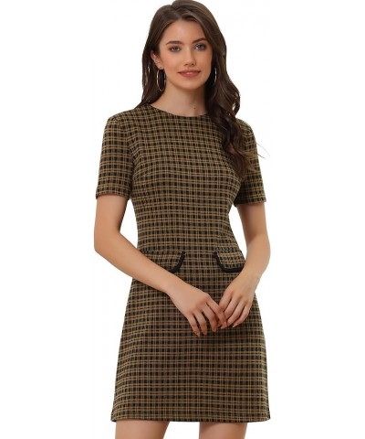 Work Dresses for Women's Short Sleeve Vintage Houndstooth Pencil Sheath Dress Brown $22.39 Dresses