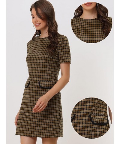 Work Dresses for Women's Short Sleeve Vintage Houndstooth Pencil Sheath Dress Brown $22.39 Dresses