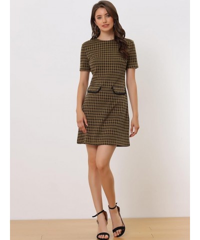 Work Dresses for Women's Short Sleeve Vintage Houndstooth Pencil Sheath Dress Brown $22.39 Dresses