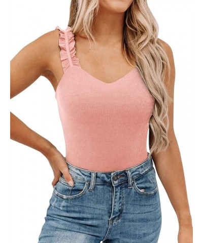 Womens Ruffle Strap Square Neck Tank Tops Slim Ribbed Sleeveless Shirt Blouses Coral Pink $11.79 Tanks