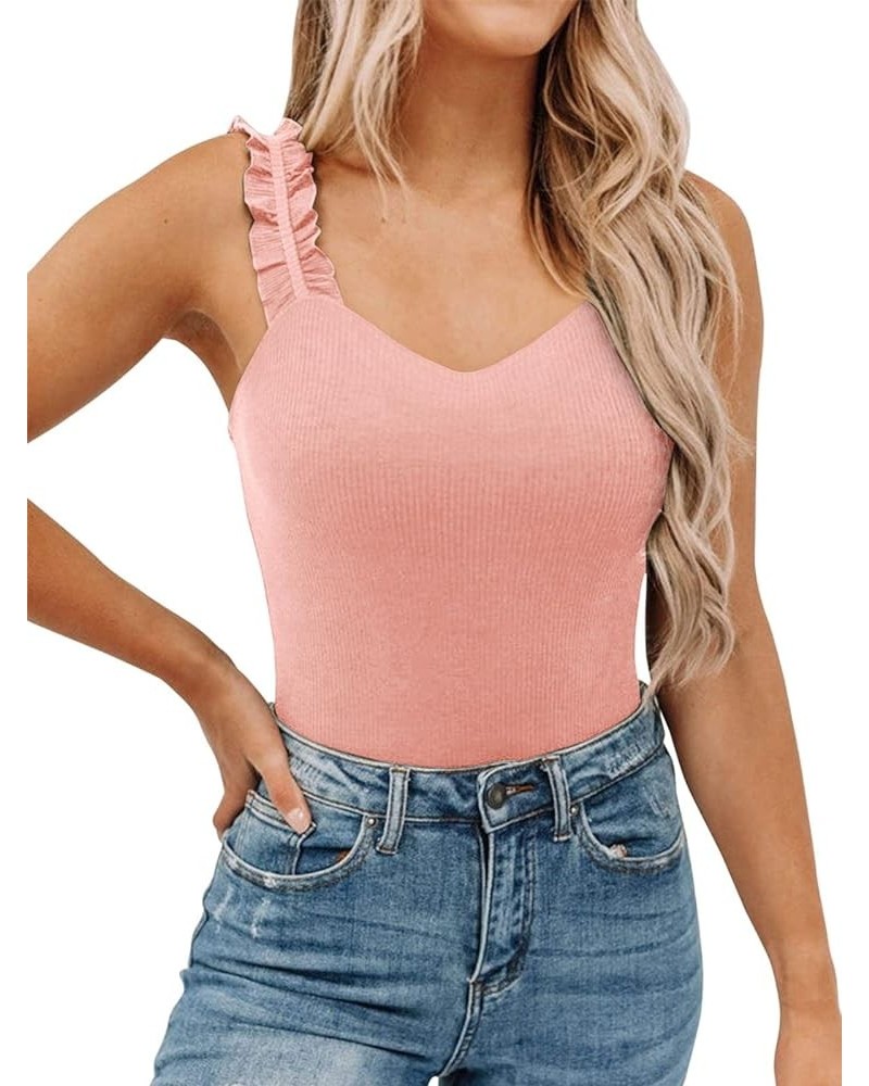 Womens Ruffle Strap Square Neck Tank Tops Slim Ribbed Sleeveless Shirt Blouses Coral Pink $11.79 Tanks