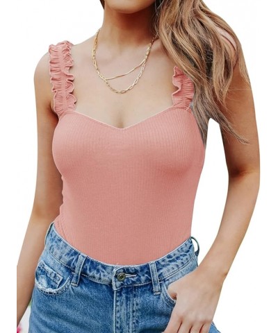 Womens Ruffle Strap Square Neck Tank Tops Slim Ribbed Sleeveless Shirt Blouses Coral Pink $11.79 Tanks