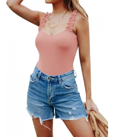 Womens Ruffle Strap Square Neck Tank Tops Slim Ribbed Sleeveless Shirt Blouses Coral Pink $11.79 Tanks