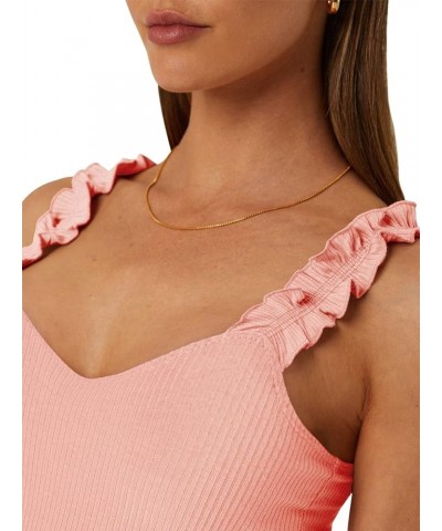 Womens Ruffle Strap Square Neck Tank Tops Slim Ribbed Sleeveless Shirt Blouses Coral Pink $11.79 Tanks