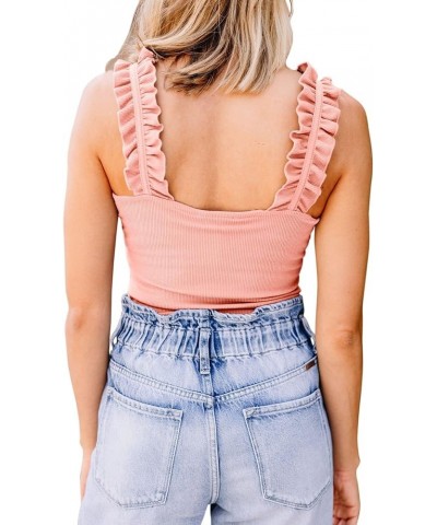 Womens Ruffle Strap Square Neck Tank Tops Slim Ribbed Sleeveless Shirt Blouses Coral Pink $11.79 Tanks