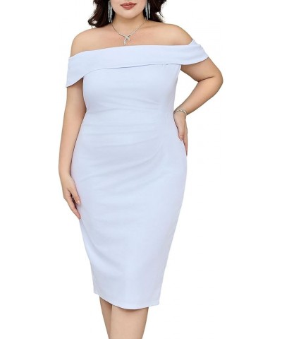 Women Plus Size Sexy Off Shoulder Dress Ruched Elegant Bodycon Cocktail Midi Dresses for Party White $30.23 Dresses