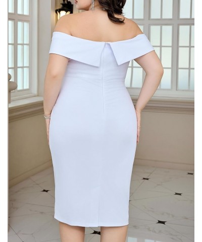 Women Plus Size Sexy Off Shoulder Dress Ruched Elegant Bodycon Cocktail Midi Dresses for Party White $30.23 Dresses