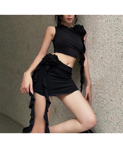 Women Ruffle 2 Piece Skirt Sets Y2k Sheer Mesh Crop Top Bodycon Mini Short Skirt Fringed Tassels Suit Sets A-black $9.66 Suits