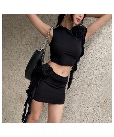 Women Ruffle 2 Piece Skirt Sets Y2k Sheer Mesh Crop Top Bodycon Mini Short Skirt Fringed Tassels Suit Sets A-black $9.66 Suits