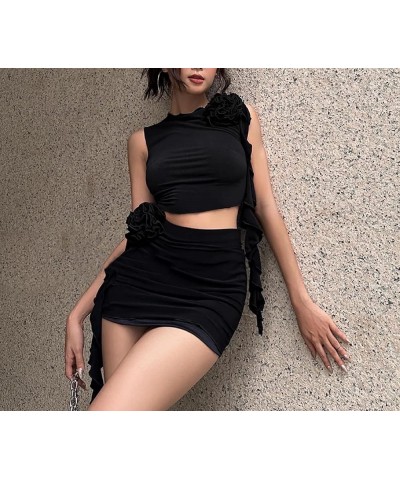 Women Ruffle 2 Piece Skirt Sets Y2k Sheer Mesh Crop Top Bodycon Mini Short Skirt Fringed Tassels Suit Sets A-black $9.66 Suits