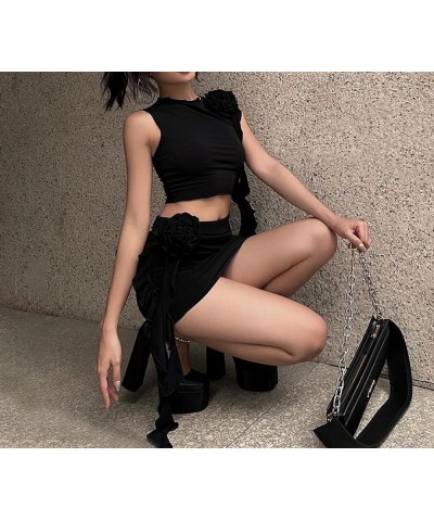 Women Ruffle 2 Piece Skirt Sets Y2k Sheer Mesh Crop Top Bodycon Mini Short Skirt Fringed Tassels Suit Sets A-black $9.66 Suits