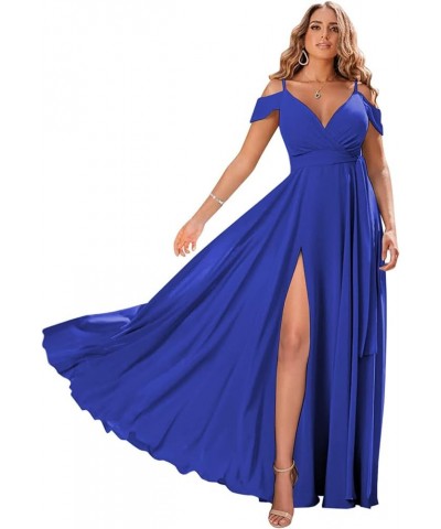 Women's Off The Shoulder Long Bridesmaid Dresses for Wedding Chiffon Ruched Formal Evening Gowns with Slit Royal Blue $27.50 ...