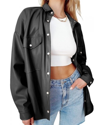 Womens Leather Shirt Jacket Lapel Button Up Pockets Solid Oversized Shacket Coat Black $11.76 Coats