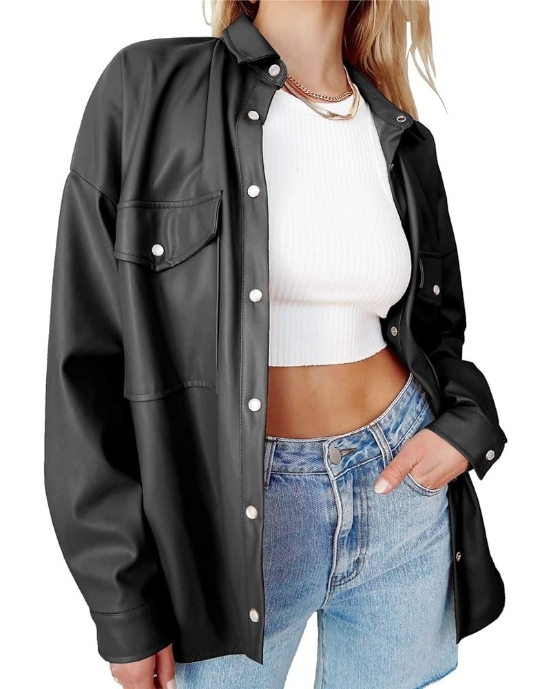 Womens Leather Shirt Jacket Lapel Button Up Pockets Solid Oversized Shacket Coat Black $11.76 Coats