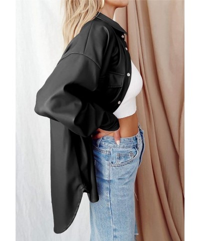 Womens Leather Shirt Jacket Lapel Button Up Pockets Solid Oversized Shacket Coat Black $11.76 Coats