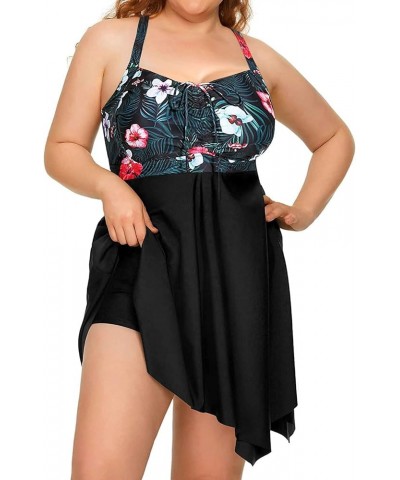 Plus Size Two Piece Swimdress with Boyshorts for Women Flowy Swimsuits Tummy Control Tankini Bathing Suits Black and Flower $...