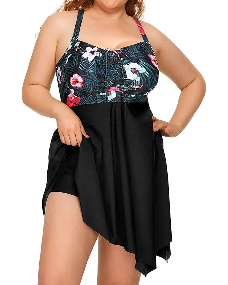 Plus Size Two Piece Swimdress with Boyshorts for Women Flowy Swimsuits Tummy Control Tankini Bathing Suits Black and Flower $...