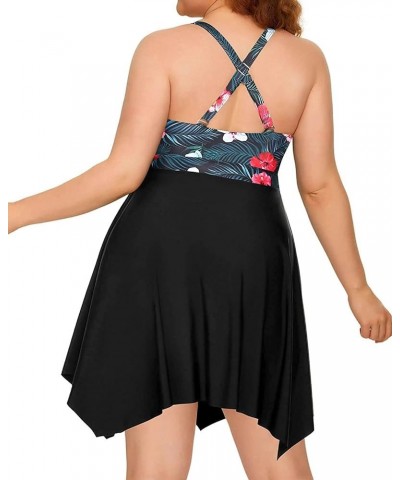 Plus Size Two Piece Swimdress with Boyshorts for Women Flowy Swimsuits Tummy Control Tankini Bathing Suits Black and Flower $...