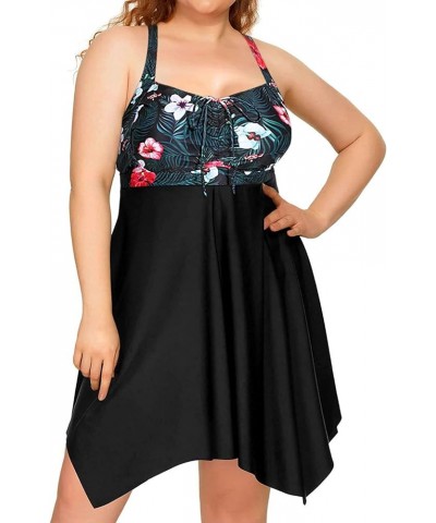 Plus Size Two Piece Swimdress with Boyshorts for Women Flowy Swimsuits Tummy Control Tankini Bathing Suits Black and Flower $...