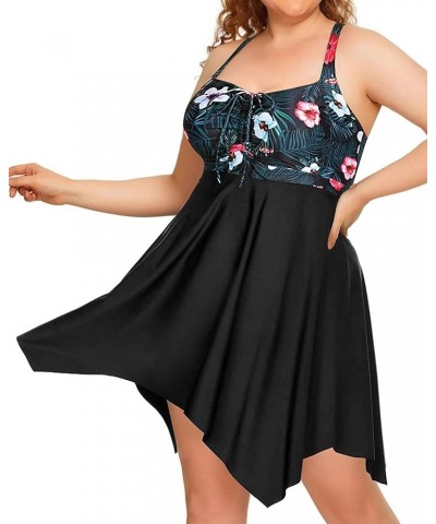 Plus Size Two Piece Swimdress with Boyshorts for Women Flowy Swimsuits Tummy Control Tankini Bathing Suits Black and Flower $...