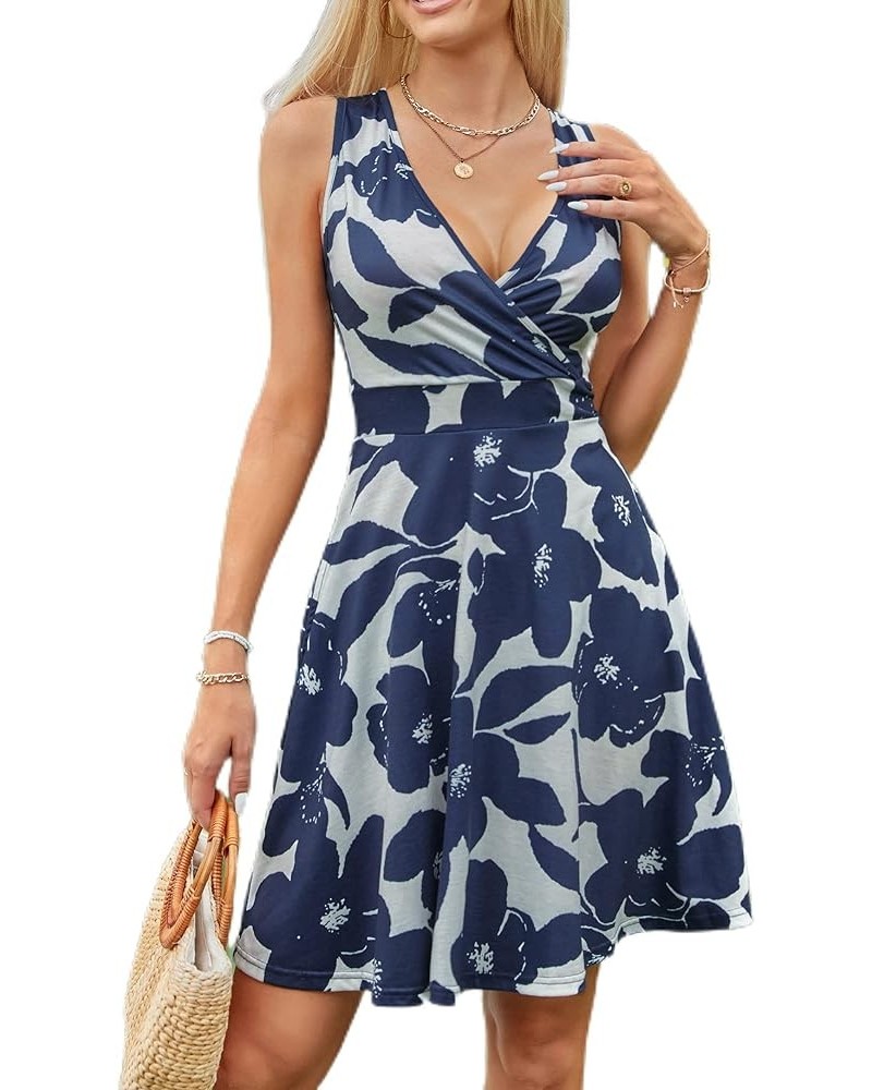 Summer Dresses for Women 2023 Wrap V Neck Sleeveless Sundress Flare Tank Beach Dress with Pockets Navy Flower $10.00 Dresses