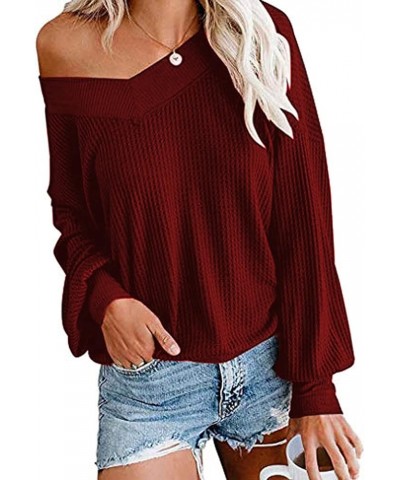 Women's V Neck Long Sleeve Waffle Knit Tops Off Shoulder Oversized Pullover Sweater A-wine Red $18.28 Sweaters