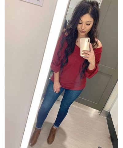 Women's V Neck Long Sleeve Waffle Knit Tops Off Shoulder Oversized Pullover Sweater A-wine Red $18.28 Sweaters