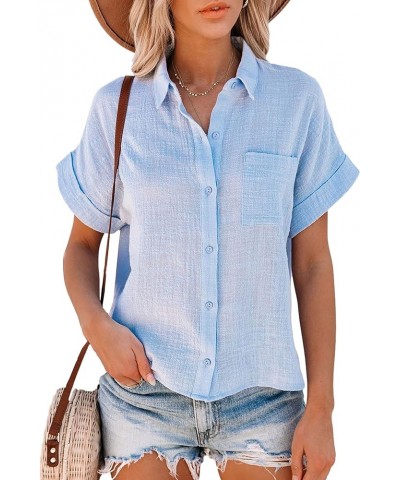 Shirts for Women Cotton Linen Roll Up Short Sleeve Hi Low Tops Blouse Light Blue $17.97 Blouses