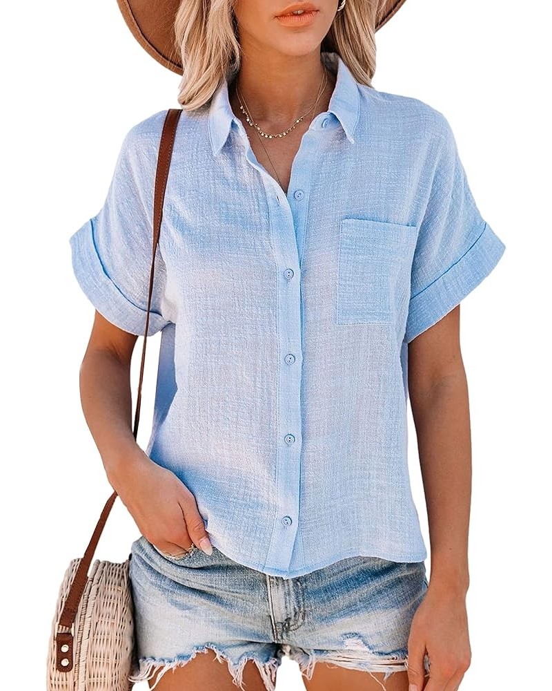 Shirts for Women Cotton Linen Roll Up Short Sleeve Hi Low Tops Blouse Light Blue $17.97 Blouses