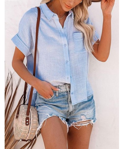 Shirts for Women Cotton Linen Roll Up Short Sleeve Hi Low Tops Blouse Light Blue $17.97 Blouses