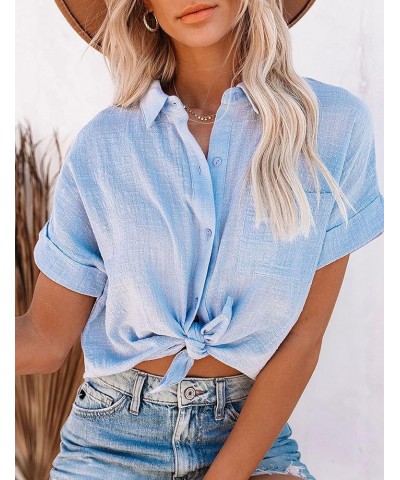 Shirts for Women Cotton Linen Roll Up Short Sleeve Hi Low Tops Blouse Light Blue $17.97 Blouses