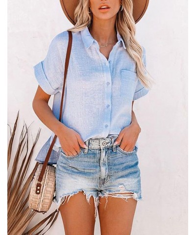 Shirts for Women Cotton Linen Roll Up Short Sleeve Hi Low Tops Blouse Light Blue $17.97 Blouses