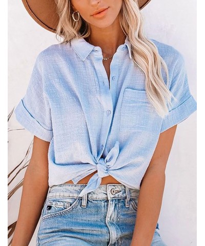 Shirts for Women Cotton Linen Roll Up Short Sleeve Hi Low Tops Blouse Light Blue $17.97 Blouses