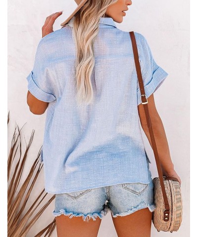 Shirts for Women Cotton Linen Roll Up Short Sleeve Hi Low Tops Blouse Light Blue $17.97 Blouses