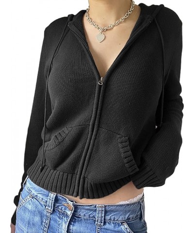 Women Y2k Knitted Cropped Jacket Vintage Long Sleeve Zip Up Hooded Sweater Casual Drawstring Ribbed Hoodie Outwear Knitted Bl...