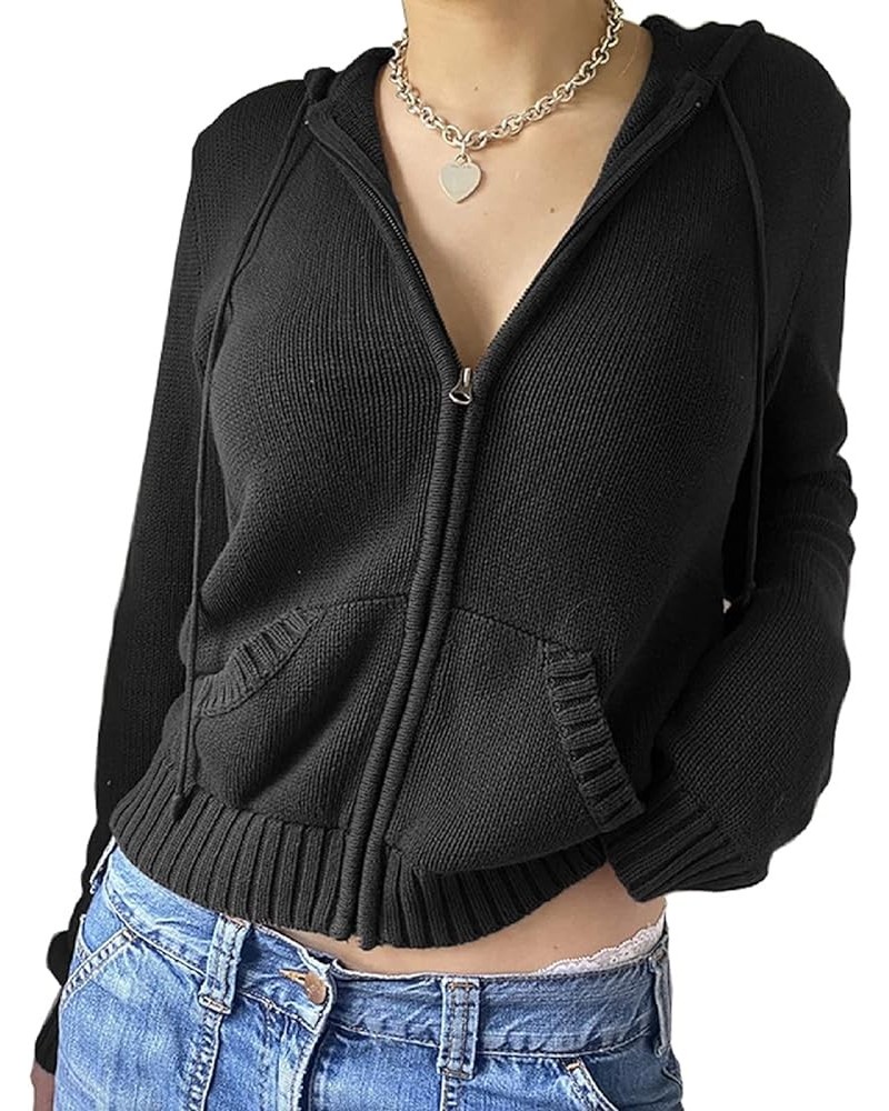 Women Y2k Knitted Cropped Jacket Vintage Long Sleeve Zip Up Hooded Sweater Casual Drawstring Ribbed Hoodie Outwear Knitted Bl...