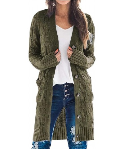 Long Sleeve Cable Knit Long Cardigan for Women 2023 Fall Winter Chunky Open Front Button Sweaters with Pockets Army Green $22...