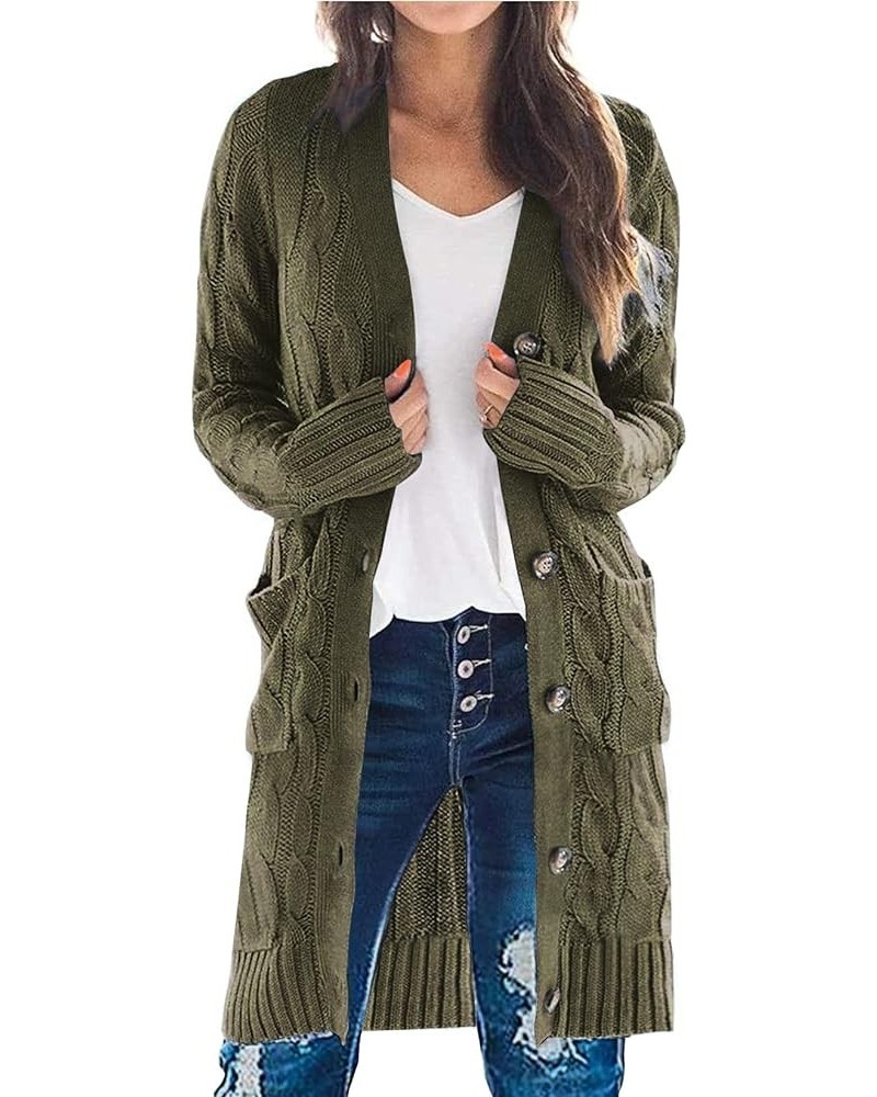 Long Sleeve Cable Knit Long Cardigan for Women 2023 Fall Winter Chunky Open Front Button Sweaters with Pockets Army Green $22...