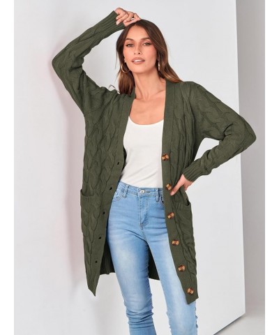 Long Sleeve Cable Knit Long Cardigan for Women 2023 Fall Winter Chunky Open Front Button Sweaters with Pockets Army Green $22...