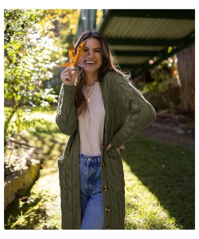 Long Sleeve Cable Knit Long Cardigan for Women 2023 Fall Winter Chunky Open Front Button Sweaters with Pockets Army Green $22...