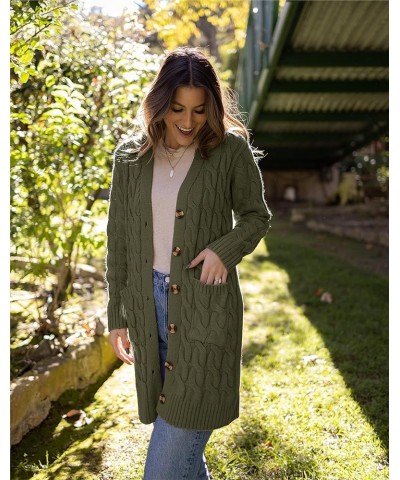 Long Sleeve Cable Knit Long Cardigan for Women 2023 Fall Winter Chunky Open Front Button Sweaters with Pockets Army Green $22...