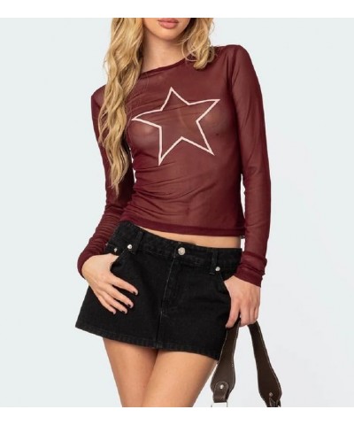 Women Sheer Mesh Long Sleeve Top Mock Neck Floral Lace Layering Top See Through Tee Shirt Y2K Going Out Streetwear H-maroon S...