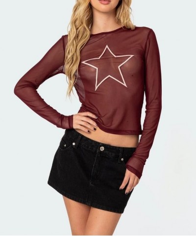 Women Sheer Mesh Long Sleeve Top Mock Neck Floral Lace Layering Top See Through Tee Shirt Y2K Going Out Streetwear H-maroon S...