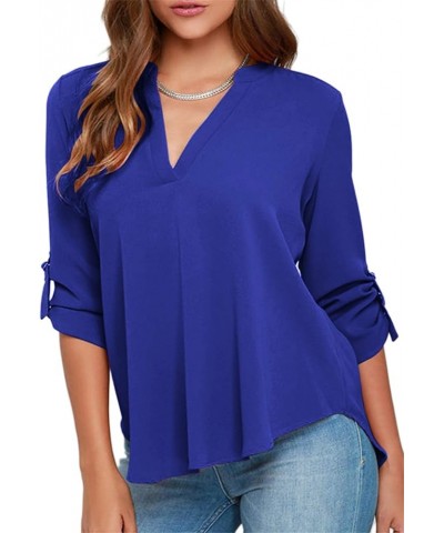 Women's Casual Chiffon Blouse Solid Loose V Neck Chiffon Tunic Shirt Dark Blue $11.52 Tops