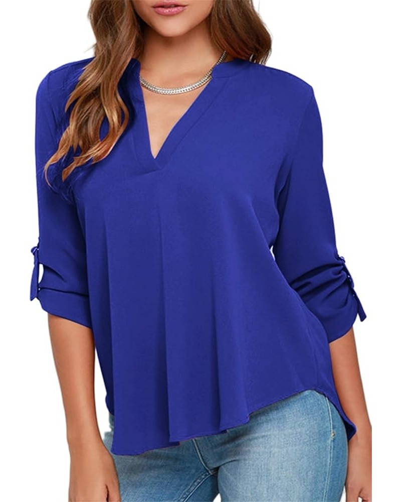 Women's Casual Chiffon Blouse Solid Loose V Neck Chiffon Tunic Shirt Dark Blue $11.52 Tops