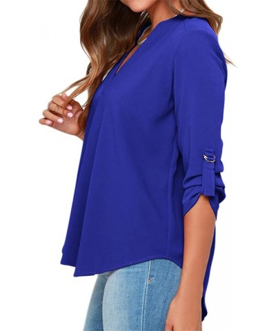 Women's Casual Chiffon Blouse Solid Loose V Neck Chiffon Tunic Shirt Dark Blue $11.52 Tops