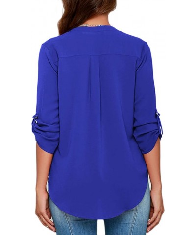 Women's Casual Chiffon Blouse Solid Loose V Neck Chiffon Tunic Shirt Dark Blue $11.52 Tops