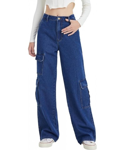 Women Cargo Jeans High Waisted Baggy Wide Leg Straight Jeans for Women Flap Pocket Denim Pants Dark Blue $22.50 Jeans