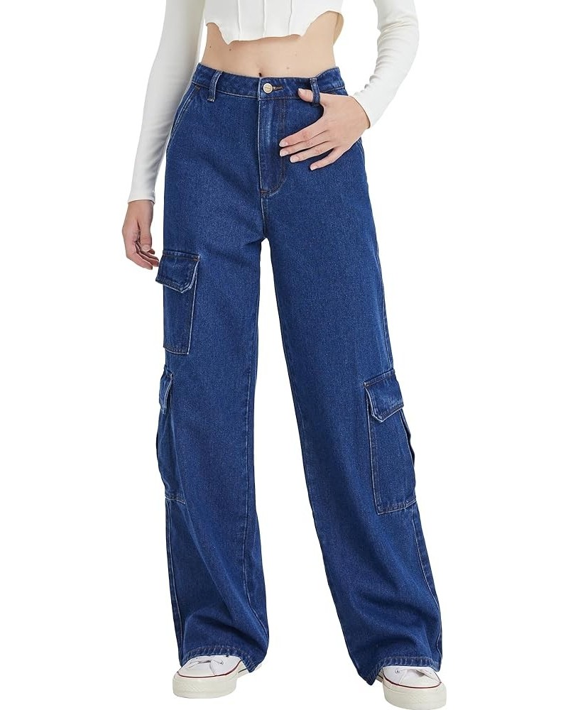 Women Cargo Jeans High Waisted Baggy Wide Leg Straight Jeans for Women Flap Pocket Denim Pants Dark Blue $22.50 Jeans