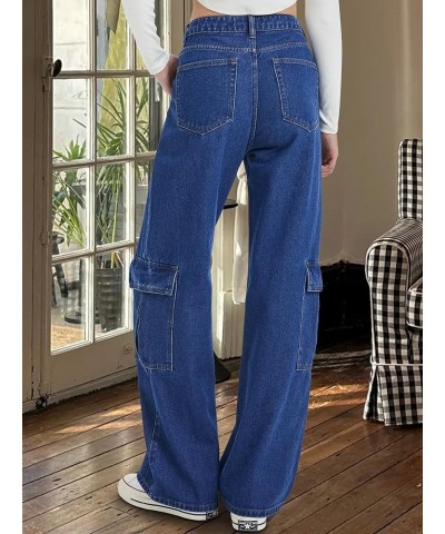 Women Cargo Jeans High Waisted Baggy Wide Leg Straight Jeans for Women Flap Pocket Denim Pants Dark Blue $22.50 Jeans